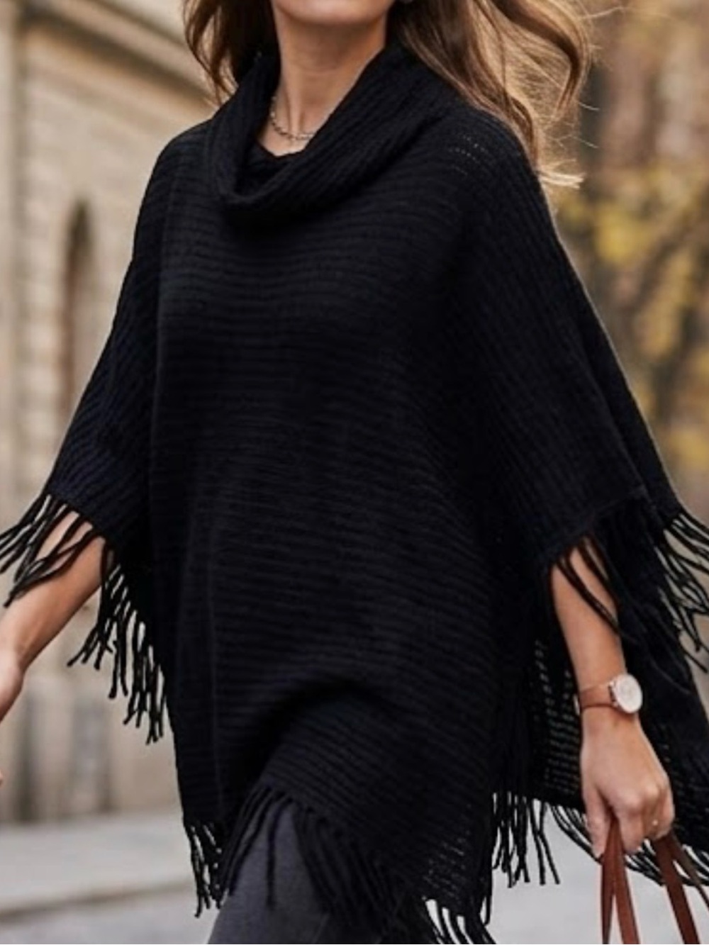 Chic Black Fringe Poncho